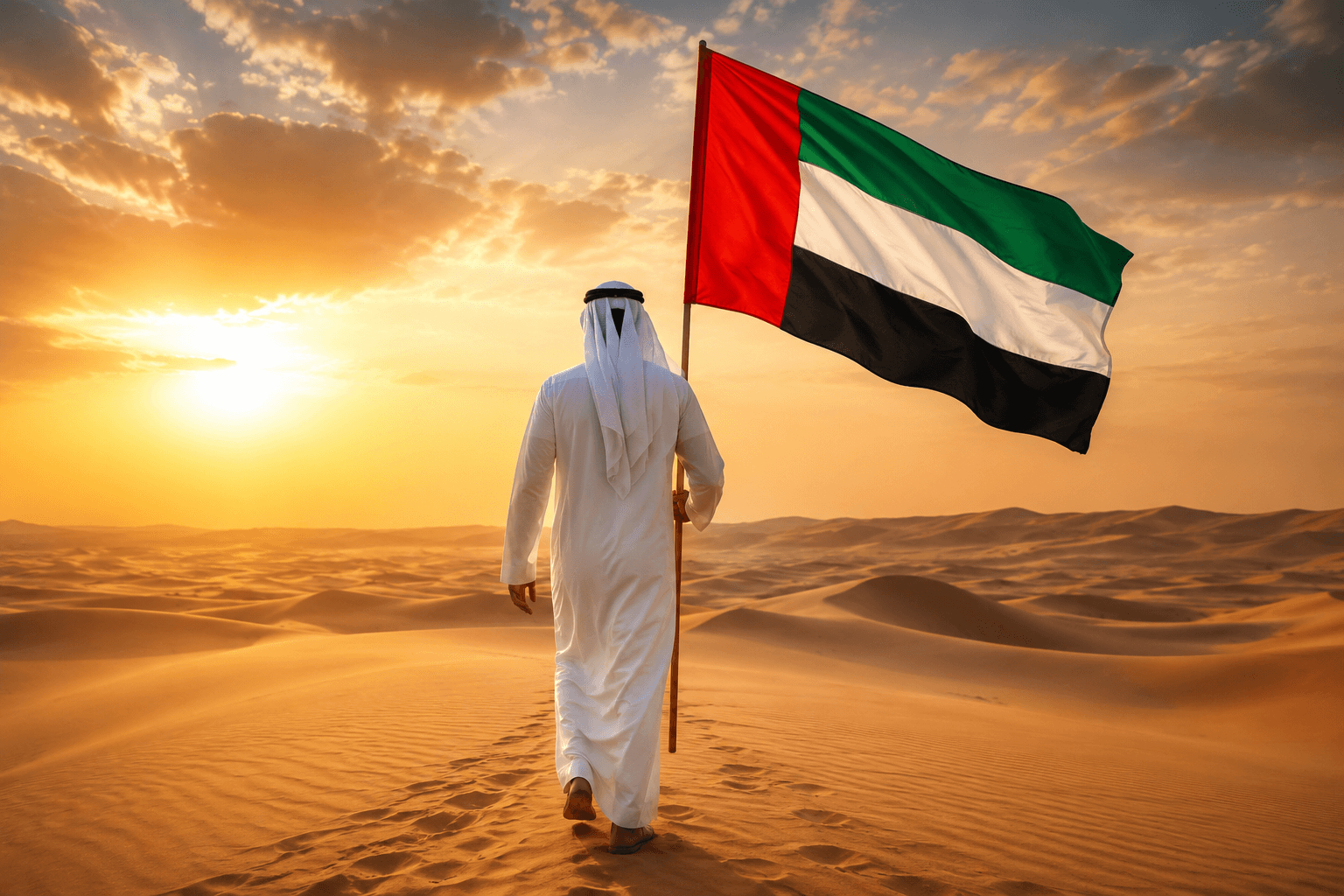 UAE national walking in the desert with UAE flag